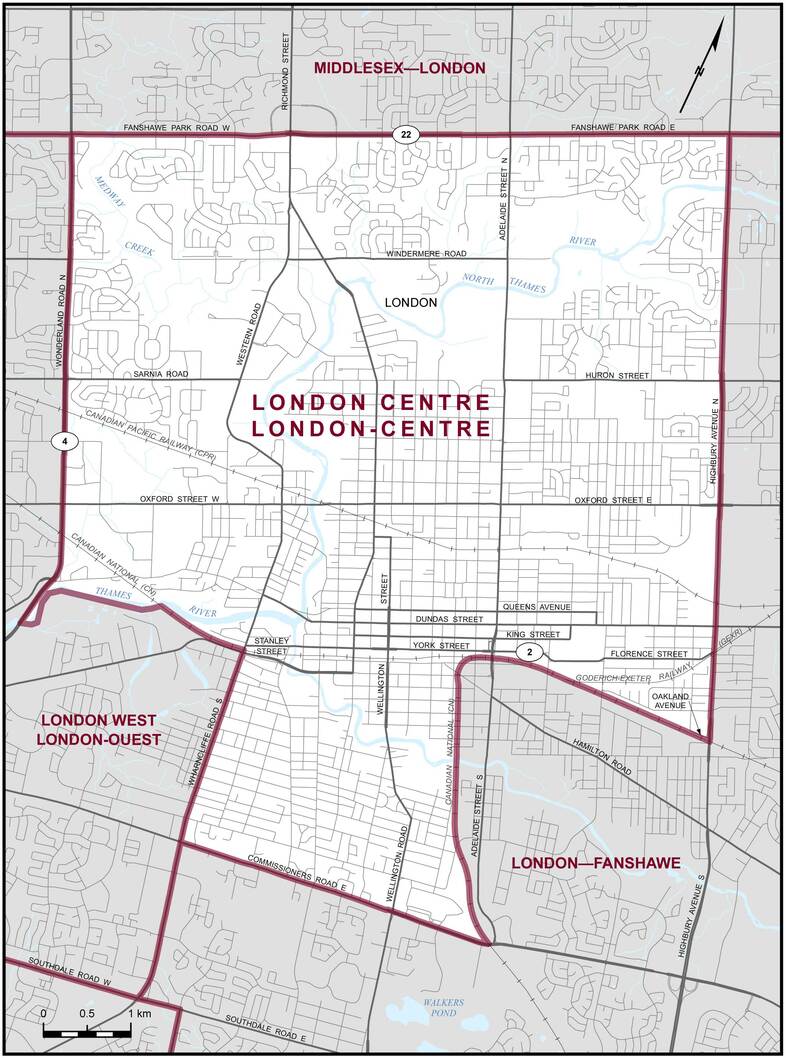 Election Canada image of the riding of London Centre, topographical view